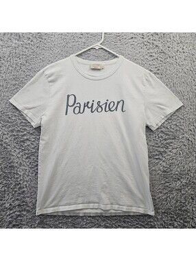 MAISON KITSUNE T Shirt Men Large White Cotton Crew Parisien Script Graphic *Spot